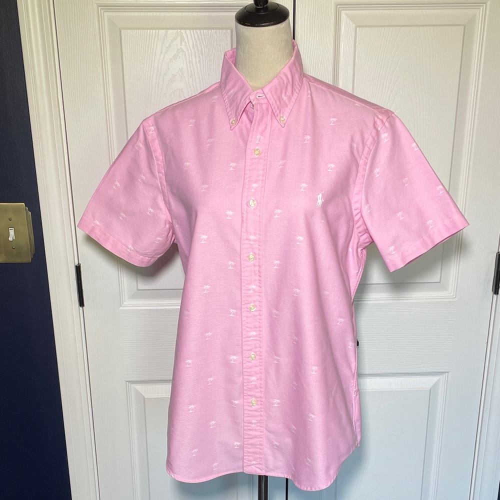 Ralph Lauren 100% Cotton Pink Short Sleeve Button Down Collared Shirt Palm Trees - Picture 2 of 9